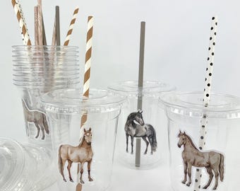 May include: Four clear plastic cups with straws and horse-themed stickers. The stickers feature different horse breeds in watercolor style. The straws are brown and white striped, gray, and black with white polka dots.