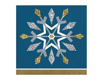 Servilletas de fiesta con copos de nieve: azul, dorado y plateado, suministros para fiestas de Winter Wonderland, decoraciones de cumpleaños con copos de nieve, servilletas con temática de invierno