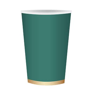 Op de afbeelding: Een groene papieren beker met een witte rand en een gouden band rond de bodem.