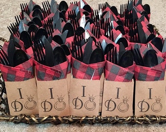 I Do BBQ Cutlery Bags - Buffalo Plaid Wedding, I Do Barbecue, BBQ Wedding, Rustic Wedding, Red Black Plaid, Engagement BBQ, Couples Shower