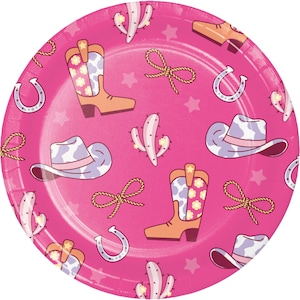 Cowgirl Birthday Dinner Plates 9" – 8ct Pink Western Party Plates with Boots, Hats, Cactus for Girl Rodeo, Nashville, Bachelorette Theme
