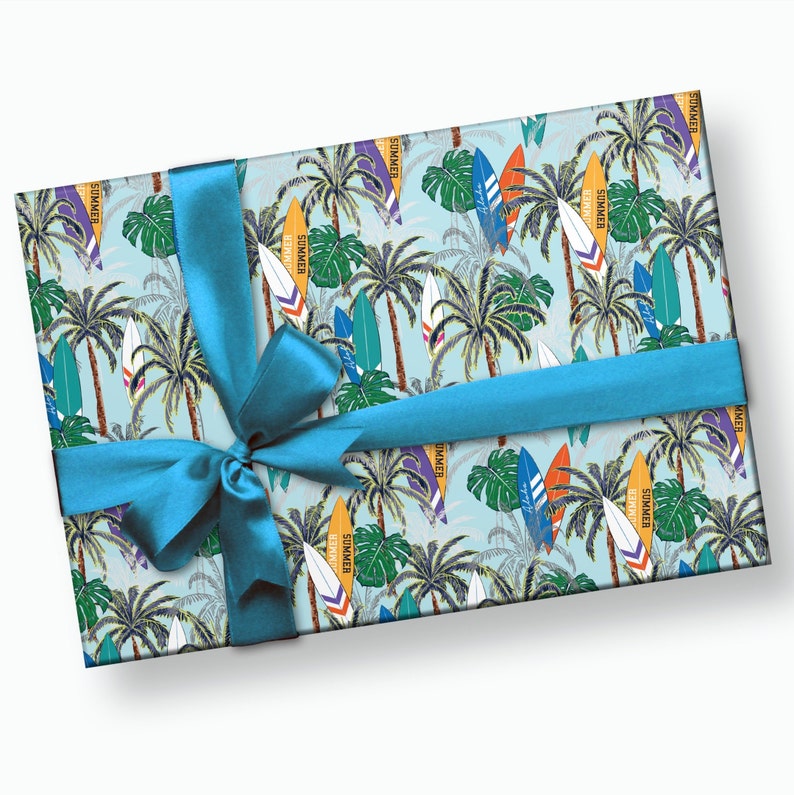Papel de embrulho para surfe - Embrulho para presente, Presente de surfista, Presente de surfe, Aniversário de surfe, Artigos para festa de surfe, Aniversário na praia, Embrulho para presente de aniversário imagem 1