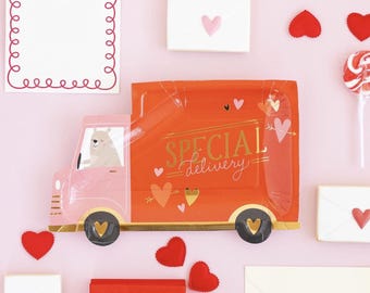 Valentine Truck Plates - Special Delivery Van, Valentine's Plates, Hugs and Kisses, XOXO Party, Valentines Birthday, Kids Valentine's Party