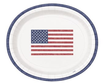 Patriotic Large Oval Paper Plates 8ct, Americana Serving Plates, Fourth of July Party Plates, USA Flag Paper Platters, BBQ Party Supplies