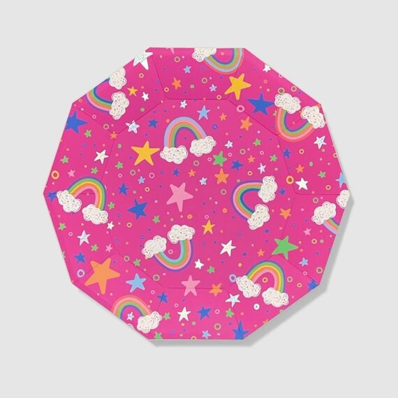 Bright Pink Rainbow Plates - Rainbow Party Supplies, Unicorn Rainbow Birthday Paper Plates, Rainbow Baby Shower, Unicorn Party Decorations