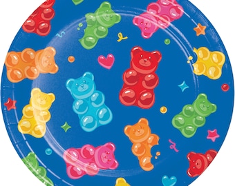 Papieren bordjes met gummibeertjes, 23 cm snoepbordjes voor een verjaardag, 8 stuks kleurrijke beren feestartikelen, regenboog snoep thema servies