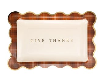 Give Thanks Plaid Paper Plates – 8 Thanksgiving Party Plates with Gold Foil, Disposable Tableware for Harvest & Fall Gatherings
