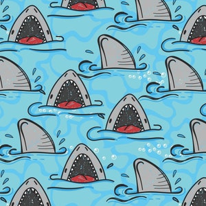 May include: A seamless pattern featuring a repeating design of gray sharks with open mouths and red tongues, swimming in a blue ocean with white bubbles. The sharks are drawn in a cartoon style with simple lines and shapes.