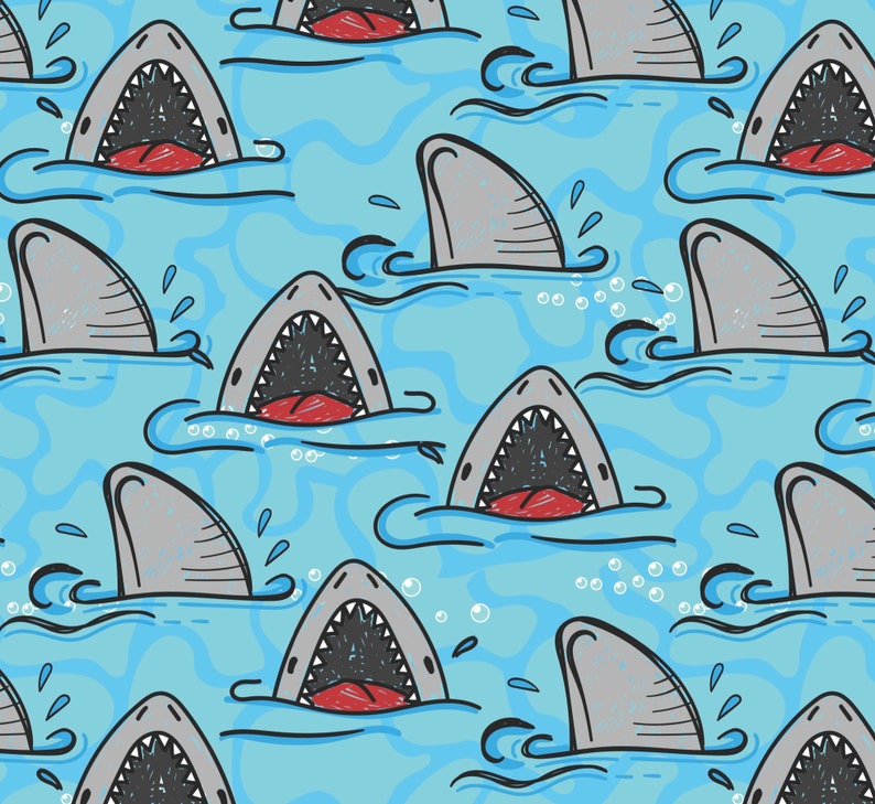 May include: A seamless pattern featuring a repeating design of gray sharks with open mouths and red tongues, swimming in a blue ocean with white bubbles. The sharks are drawn in a cartoon style with simple lines and shapes.