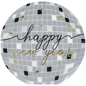 May include: A silver disco ball with black and white squares and gold stars. The text "happy new year" is written in black cursive with gold accents.
