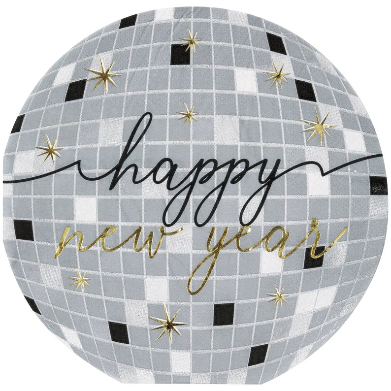 May include: A silver disco ball with black and white squares and gold stars. The text "happy new year" is written in black cursive with gold accents.
