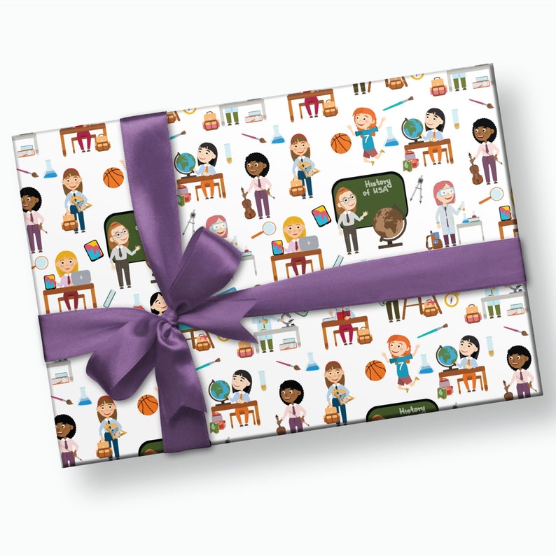 May include: Purple ribbon tied around a white gift wrap with a repeating pattern of cartoon illustrations of children in a classroom setting. The illustrations include children holding books, globes, and other school supplies. The text "History of USA" is visible on a chalkboard in the pattern.
