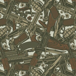 May include: A seamless pattern featuring a variety of military weapons, including rifles, pistols, grenades, and knives. The weapons are depicted in a realistic style and are arranged in a chaotic and overlapping manner. The background is a muted green color, and the weapons are rendered in shades of black, brown, and gray.