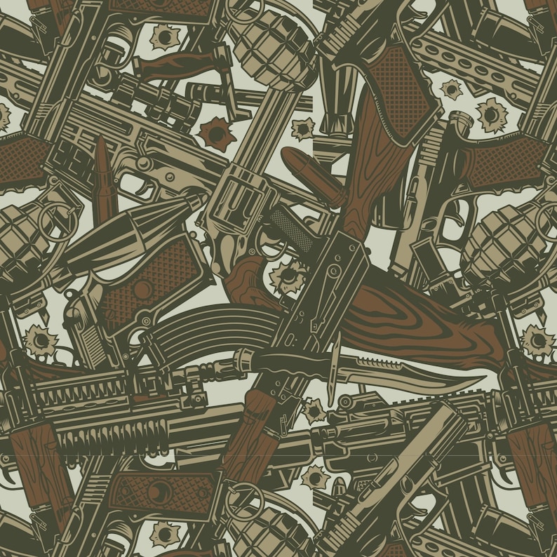 May include: A seamless pattern featuring a variety of military weapons, including rifles, pistols, grenades, and knives. The weapons are depicted in a realistic style and are arranged in a chaotic and overlapping manner. The background is a muted green color, and the weapons are rendered in shades of black, brown, and gray.