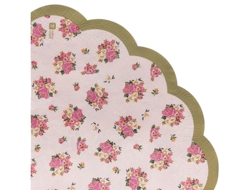 Pink Floral Scalloped Napkins – 20ct 6.5" Paper Luncheon Napkins for Tea Party, Bridal Shower, Garden Birthday