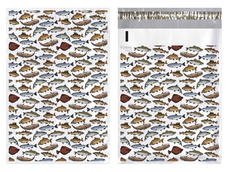 May include: A white background with a repeating pattern of colorful fish. The fish are all different sizes and shapes, and they are arranged in a random pattern. The fish are all facing different directions.