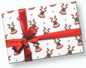 Reindeer Pug Gift Wrap - Christmas Wrapping Paper, Holiday Paper, Animal Wrapping Paper, Dog Gift Wrap, Gift Wrapping, Dog Wrapping Paper