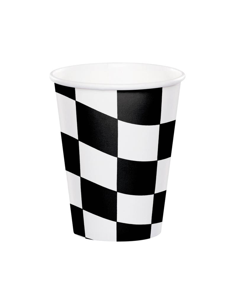 May include: A black and white checkered paper cup. The cup is designed with a checkered pattern, resembling a race flag.