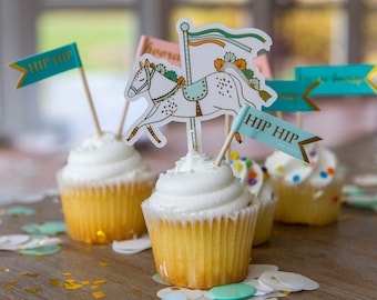 Ozdoby na babeczki karnawałowe 16 szt. - Pastelowe artykuły imprezowe Carousel, dekoracje urodzinowe w cyrku, Come One Come All Birthday Party, wykałaczki do babeczek