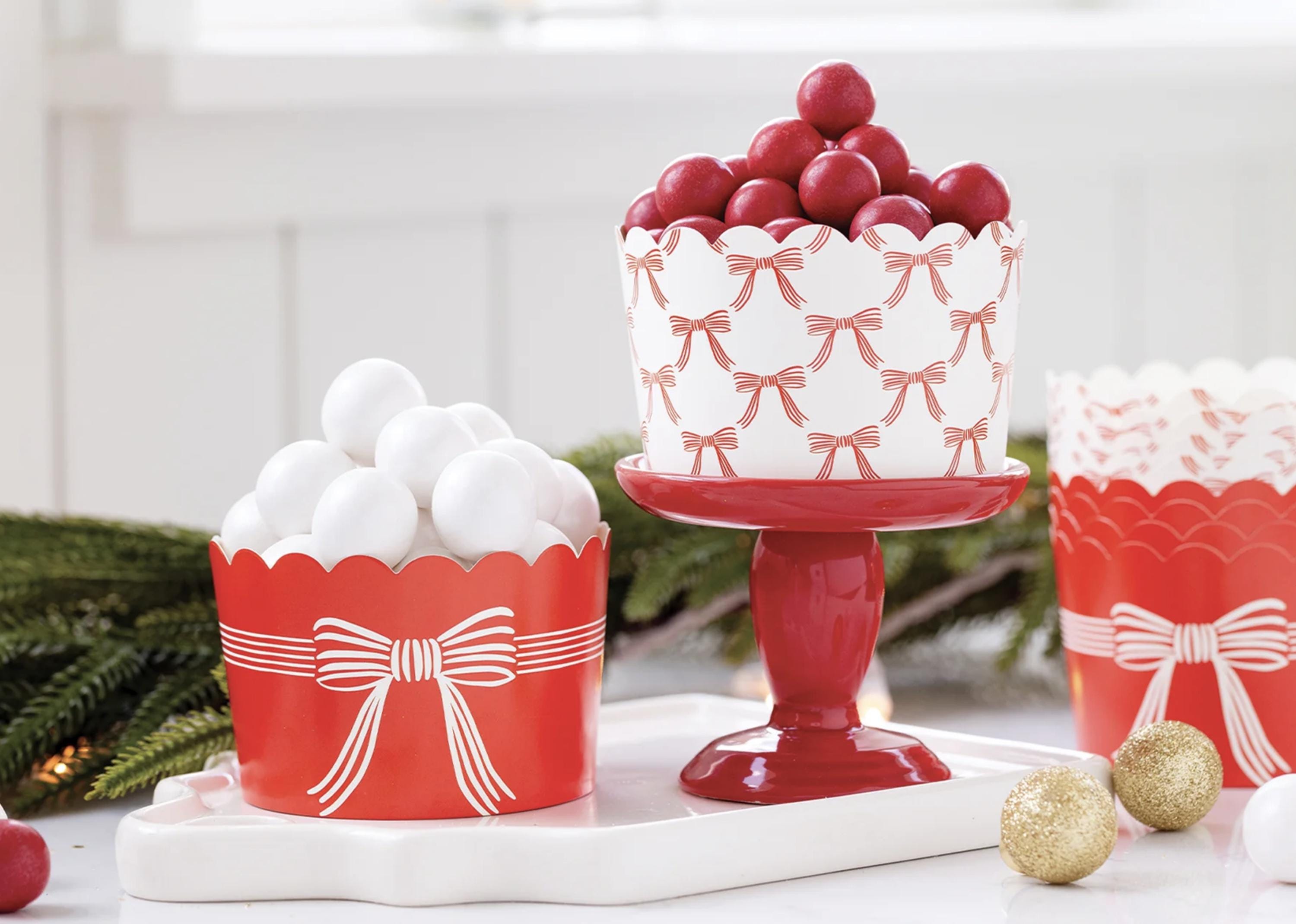 Jumbo Red Bow Treat Cups - Christmas Party Supplies, Coquette Valentines Day, Girl Baby Shower Supplies, Bow Bachelorette, Large Baking Cups