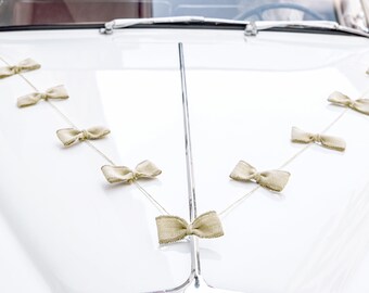 Può includere: Un cofano bianco decorato con una serie di fiocchi di iuta beige. I fiocchi sono infilati lungo sottili cordoncini colorati, creando una ghirlanda decorativa. Il cofano dell'auto è pulito e riflettente, con un accento cromato.
