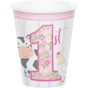 Pink Farm First Birthday Party Paper Cups 8ct - Farm Theme Cups, Girl Farm Birthday, Farm Animal Party Decor, Barnyard 1st Birthday Supplies
