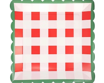 Platos navideños a cuadros rosados y rojos, 8 unidades • Platos de 10" con borde festoneado para cenas festivas, vajilla navideña festiva para reuniones navideñas