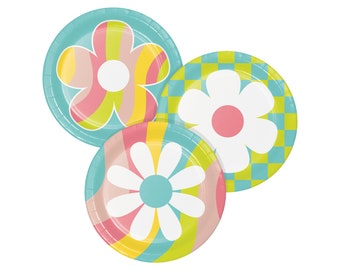 Deux assiettes de fête groovy - assiettes d'anniversaire hippie, décorations de fête groovy, articles de fête des années 70, fête rétro, articles d'anniversaire groovy