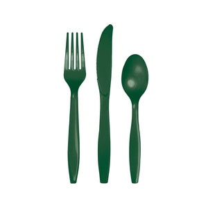 May include: A set of three green plastic utensils: a fork, a knife, and a spoon.