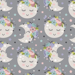 May include: A seamless pattern featuring a whimsical design of sleeping moons with floral crowns. The moons are white with closed eyes and a smiling mouth. The floral crowns are made of pink, purple, and blue flowers. The background is a light gray with scattered stars.