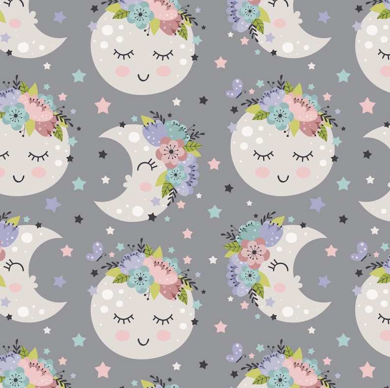 May include: A seamless pattern featuring a whimsical design of sleeping moons with floral crowns. The moons are white with closed eyes and a smiling mouth. The floral crowns are made of pink, purple, and blue flowers. The background is a light gray with scattered stars.