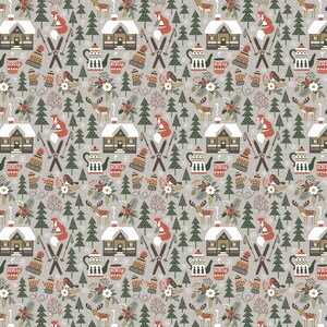 May include: A seamless pattern featuring a winter wonderland scene with red foxes, cozy cabins, snow-covered trees, and wintery details like snowflakes, teacups, and mittens.