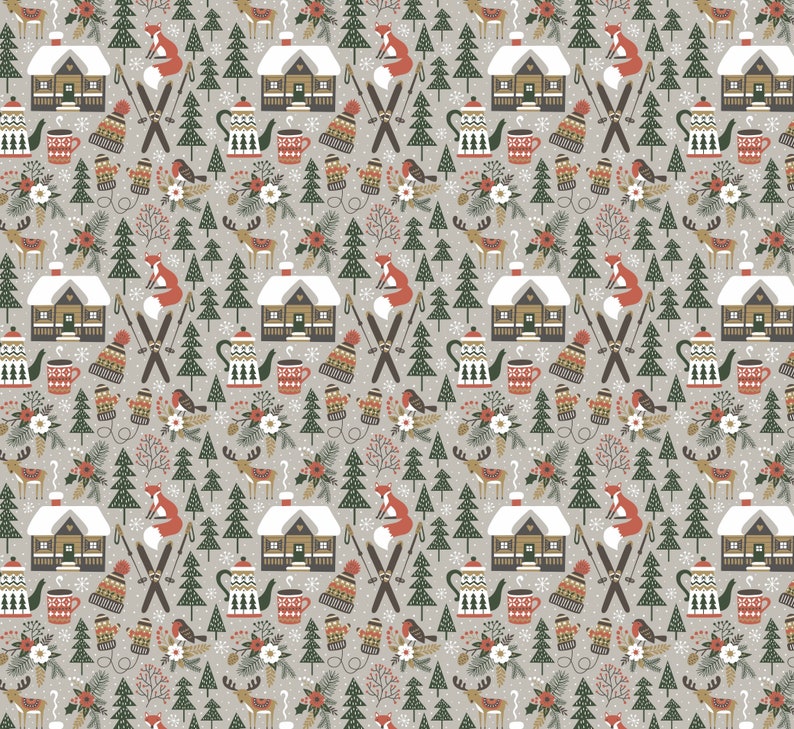 May include: A seamless pattern featuring a winter wonderland scene with red foxes, cozy cabins, snow-covered trees, and wintery details like snowflakes, teacups, and mittens.