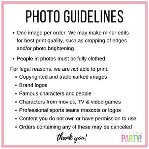 May include: A pink-bordered graphic with the text "PHOTO GUIDELINES" in black. The guidelines include image requirements, such as one image per order, and restrictions on content, including copyrighted images and brand logos. The text ends with "thank you!" and the logo for STESHA PARTY!