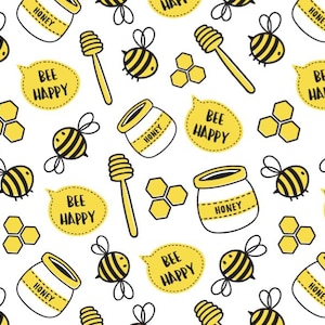 May include: A seamless pattern featuring a variety of bee-themed illustrations, including bees, honey jars, honeycombs, and the phrase "Bee Happy" in speech bubbles. The illustrations are drawn in a cartoon style with black outlines and yellow fill.