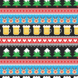 May include: A pixelated Christmas sweater design featuring reindeer, beer mugs, snow-capped trees, and hearts. The design is in red, green, white, blue, and yellow.