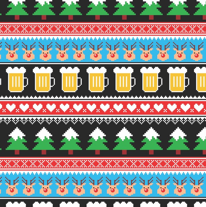 May include: A pixelated Christmas sweater design featuring reindeer, beer mugs, snow-capped trees, and hearts. The design is in red, green, white, blue, and yellow.