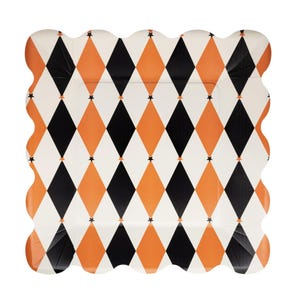 Halloween Harlequin Paper Plates 8ct Black Orange Diamond Party Plates, Large Disposable Halloween Dinner Plates 11&quot; Square Scalloped Plates