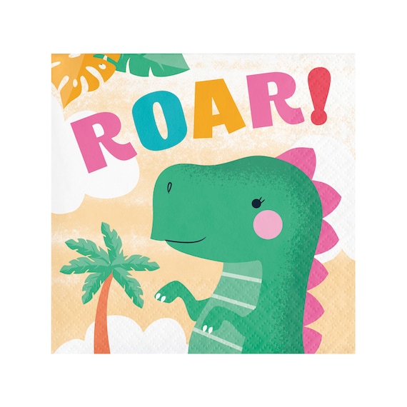 Dinosaur 'ROAR!' Napkins - Dinosaur Birthday Napkins, Girl Dino Party Supplies, Pink Dino Birthday Decorations, Dinosaur Party Decorations