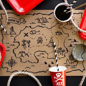 Manteles individuales con forma de mapa del tesoro, 6 unidades: decoraciones de cumpleaños piratas, suministros para fiestas de calaveras, fiesta Ahoy Matey, decoración para fiestas de marineros, decoraciones de mesa