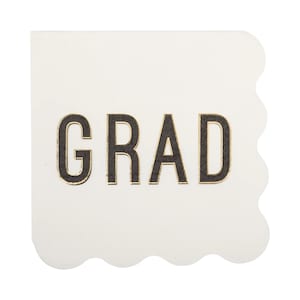 White GRAD Beverage Napkins – 4.75&quot; Scalloped Paper Napkins (18ct) for Graduation Party, Class of 2025 Decor, Graduation Decorations
