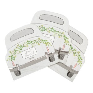 May include: Set of four white paper napkins with a vintage car design. The car is decorated with greenery and the text "Just Married".