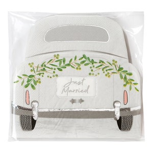 May include: White paper napkins with a vintage car design. The car has a "Just Married" sign on the back and is decorated with greenery.
