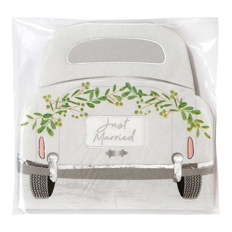 May include: White paper napkins with a vintage car design. The car has a "Just Married" sign on the back and is decorated with greenery.