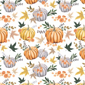 May include: A seamless pattern featuring orange, yellow, and blue pumpkins with fall leaves and small orange flowers on a white background.