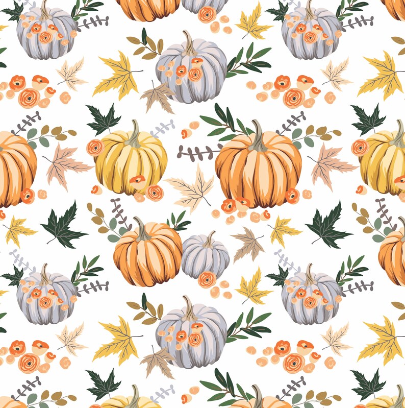 May include: A seamless pattern featuring orange, yellow, and blue pumpkins with fall leaves and small orange flowers on a white background.