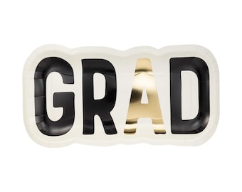 Large "GRAD" Paper Plates – 8ct Black, White & Gold Graduation Plates 12.25"x6.5" for Meals or Serving Trays, Graduation Party Supplies