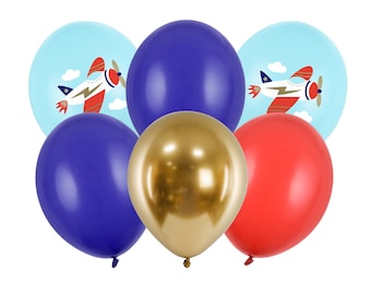 Könnte beinhalten: Ein Set aus sechs Ballons in Blau, Rot, Gold und Hellblau mit einem Cartoon-Flugzeugdesign. Das Flugzeug ist rot, weiß und blau mit einem gelben Blitz.