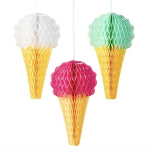 Ice Cream Honeycomb Hanging Decorations – Set of 3, Pink Mint White, 7.5&quot; Tall Party Decor, Birthday Decorations, Summer Party Supplies