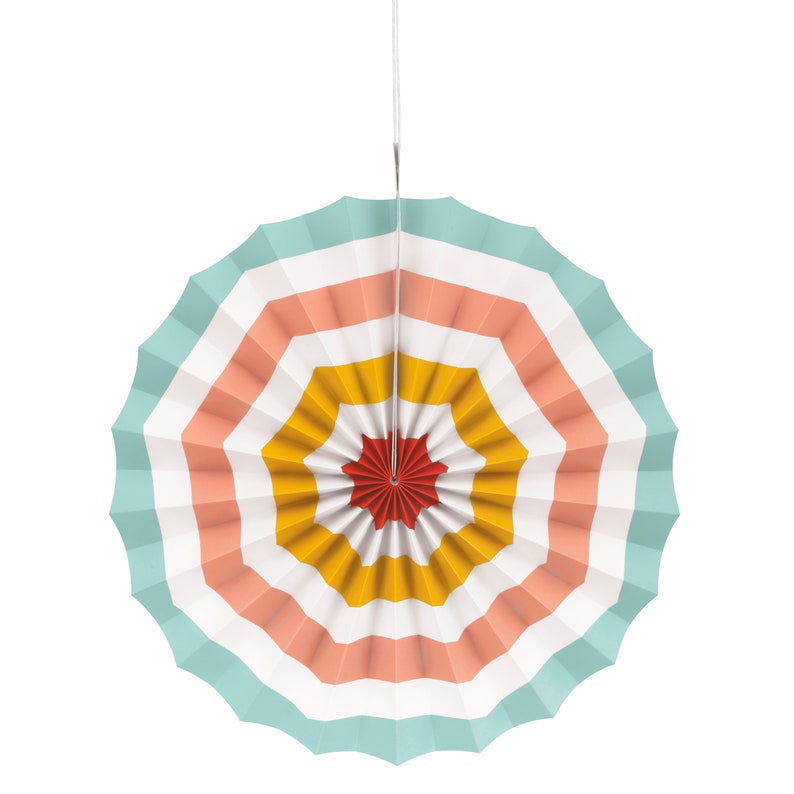 May include: A colorful paper fan decoration with alternating stripes of light blue, pink, yellow, and white. The center of the fan is red.